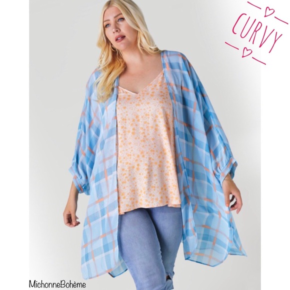 DAVI & DANI Tops - Davi & Dani Light Blue & Orange Plaid Print Kimono Cardigan